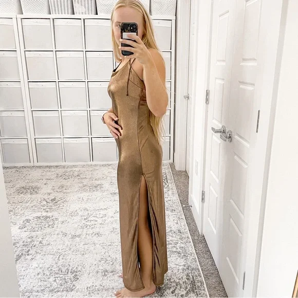 NEW NBD Bronze Metallix Maxi Dress Halter